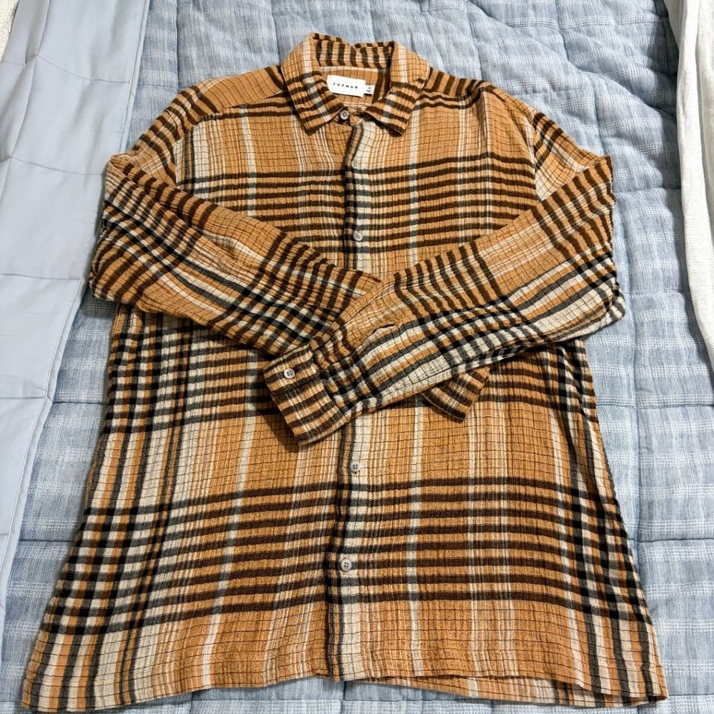Topman Tan and Black Plaid Button-Down Shirt